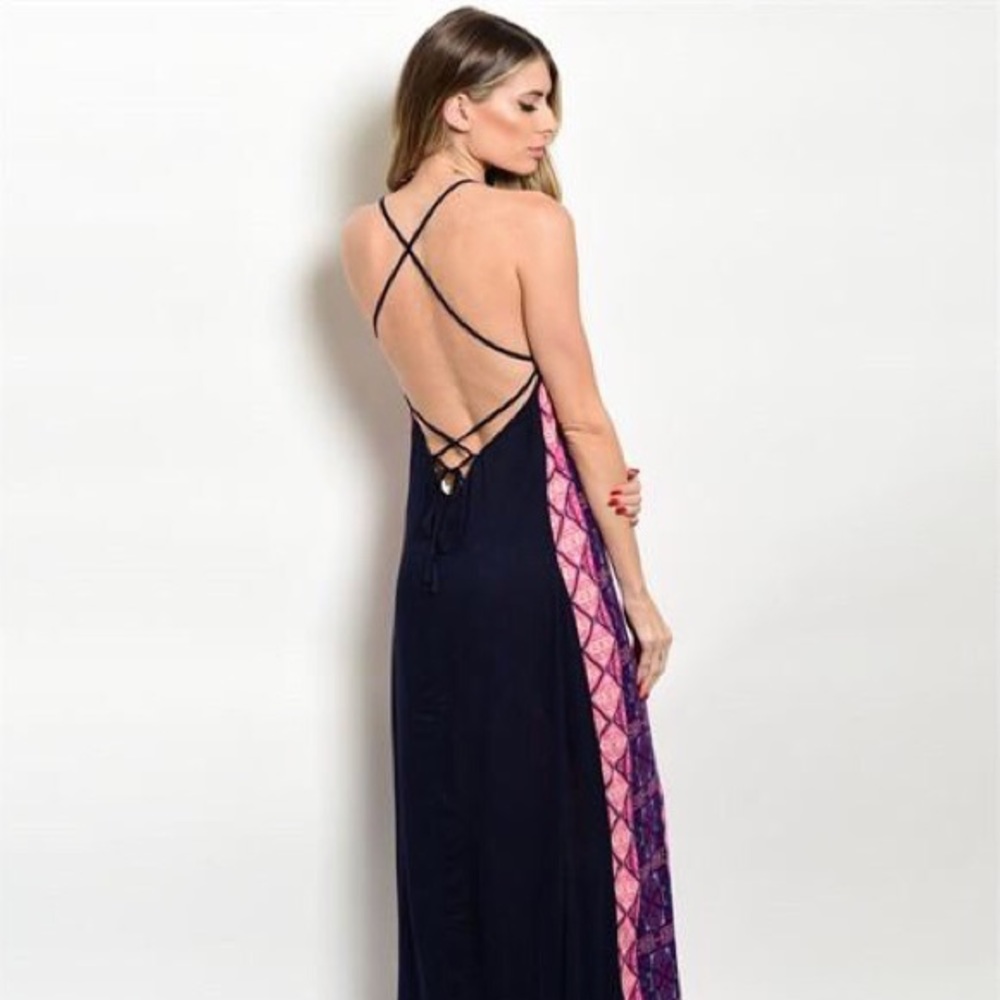 Pink and Navy Blue Printed Maxi Dress w/ Open Bac